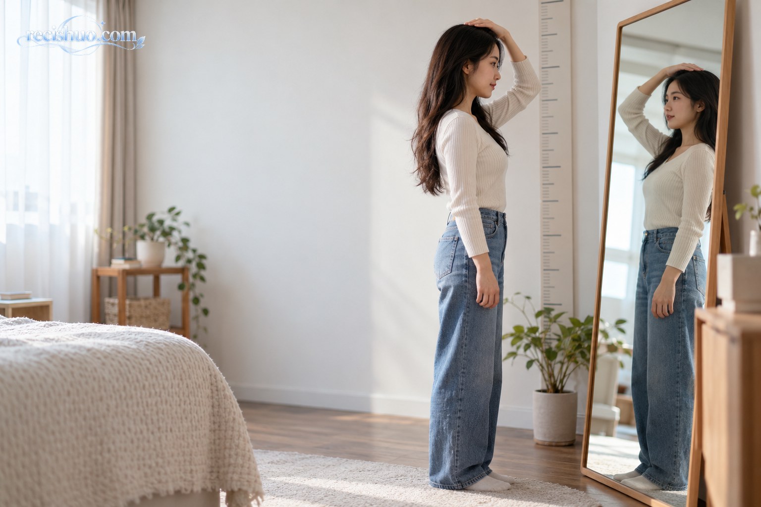 成年女性站在镜前触摸头顶并观察自身轮廓