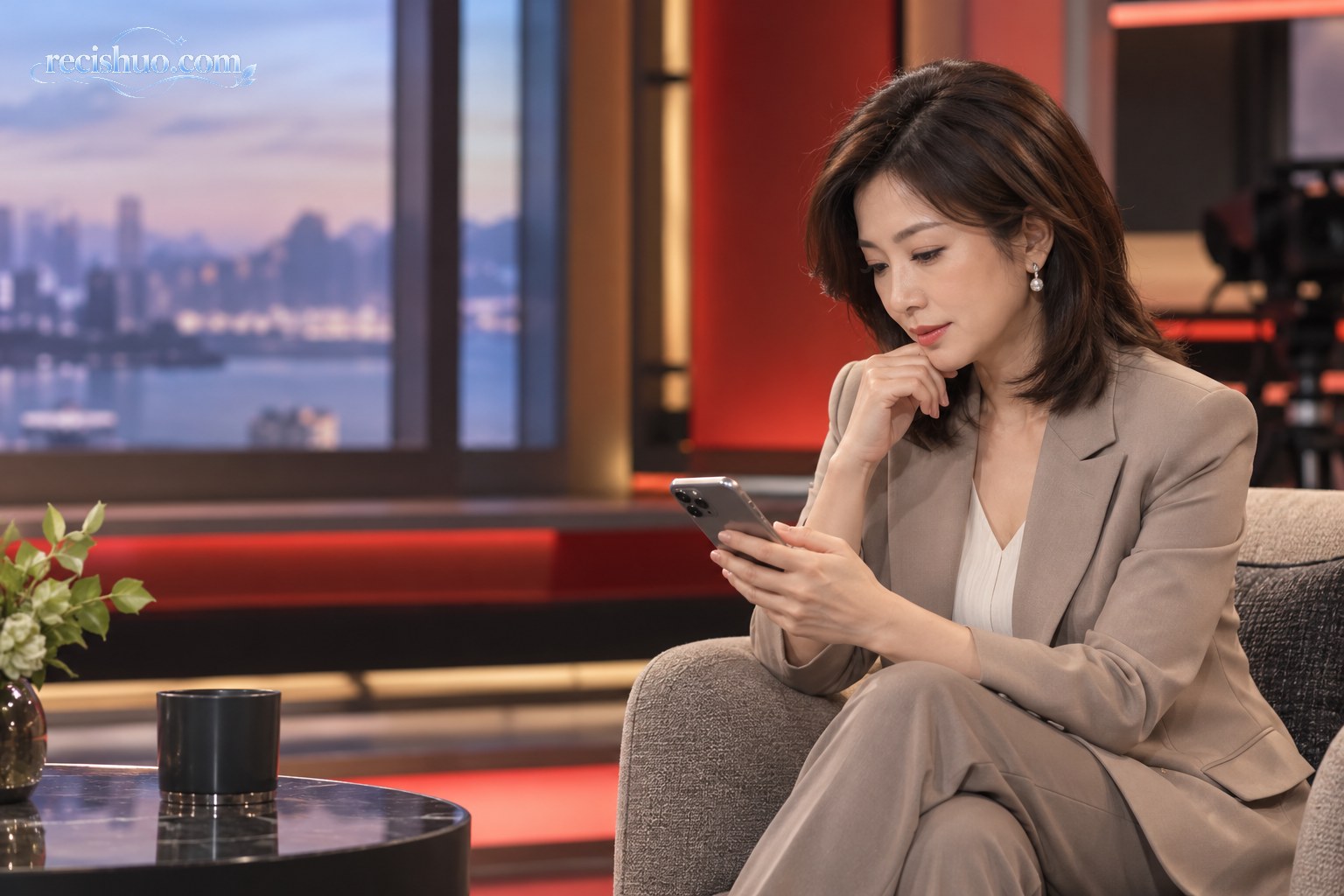 演播室内一名女性主持人安静查看手机资讯的新闻编辑场景