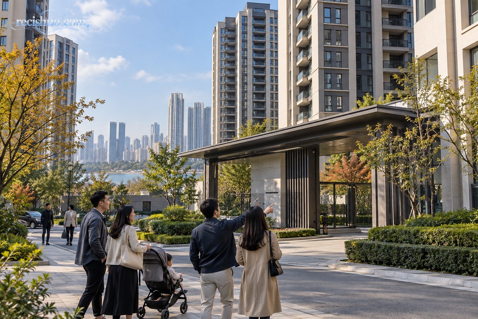 现代住宅社区入口前,多组年轻家庭正在参观了解居住环境