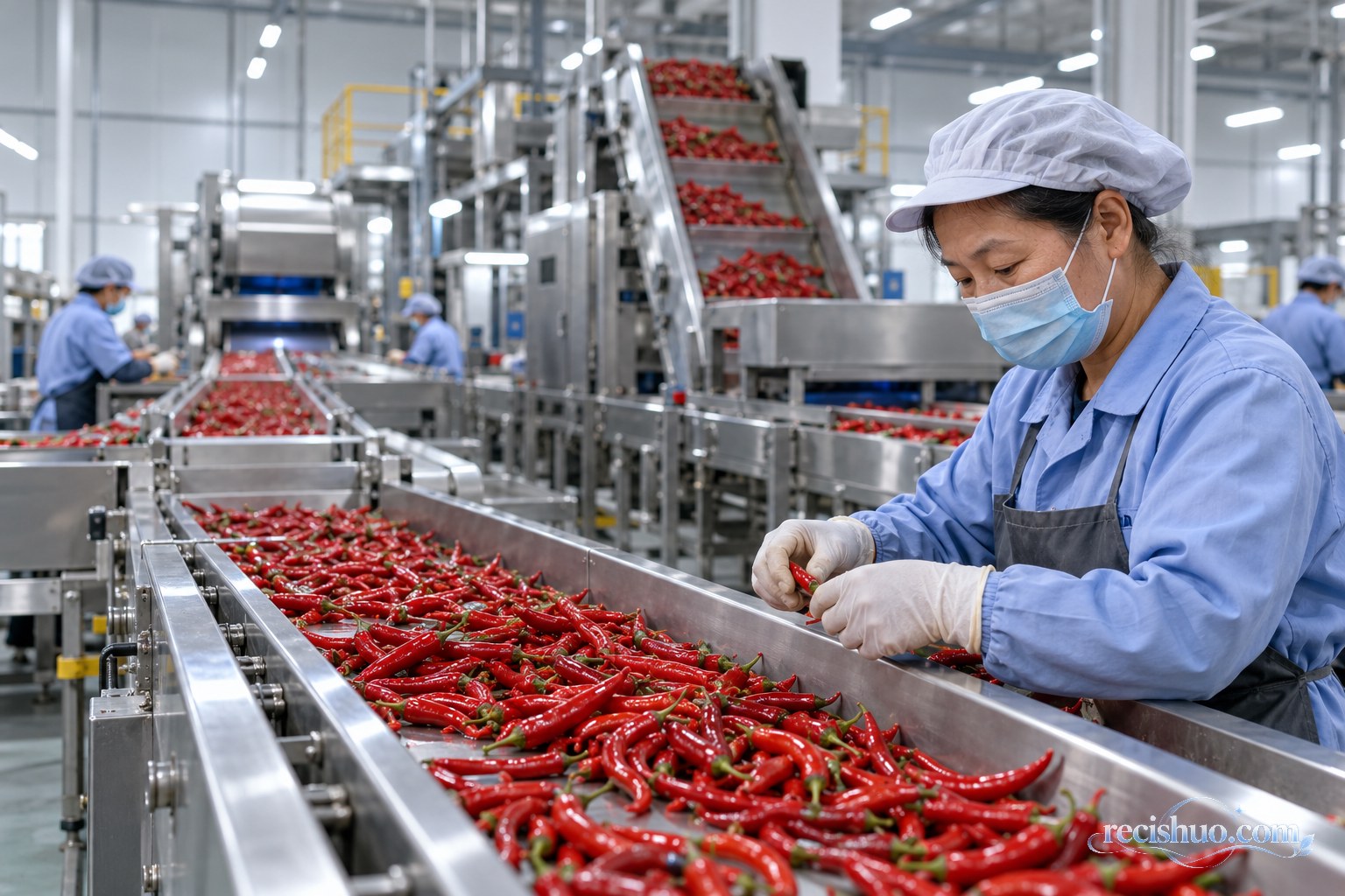 现代辣椒加工车间内,中年女工在自动化流水线旁检查红辣椒品质