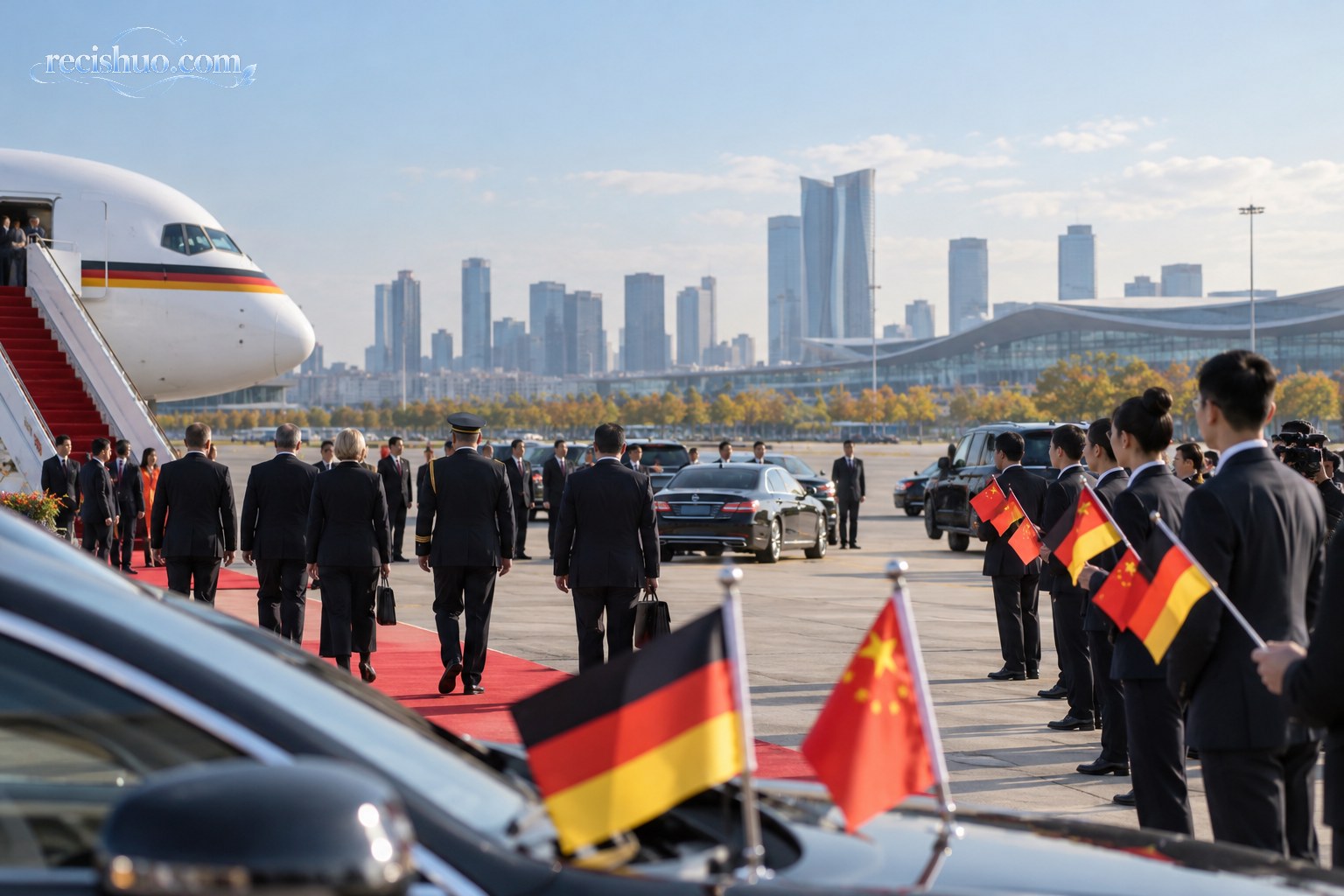 中德两国旗帜映衬下的安徽机场外事访问迎宾场景