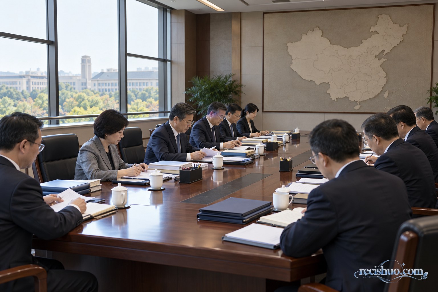 中央巡视工作主题的正式会议场景，参会人员在会议桌前查阅材料