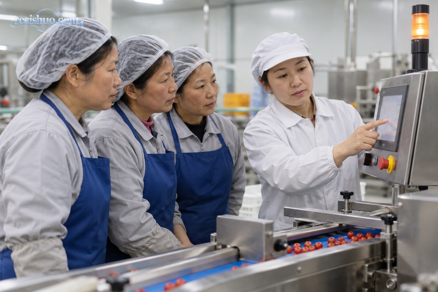 食品加工车间内,几名中年女工正在学习分选设备的操作方法