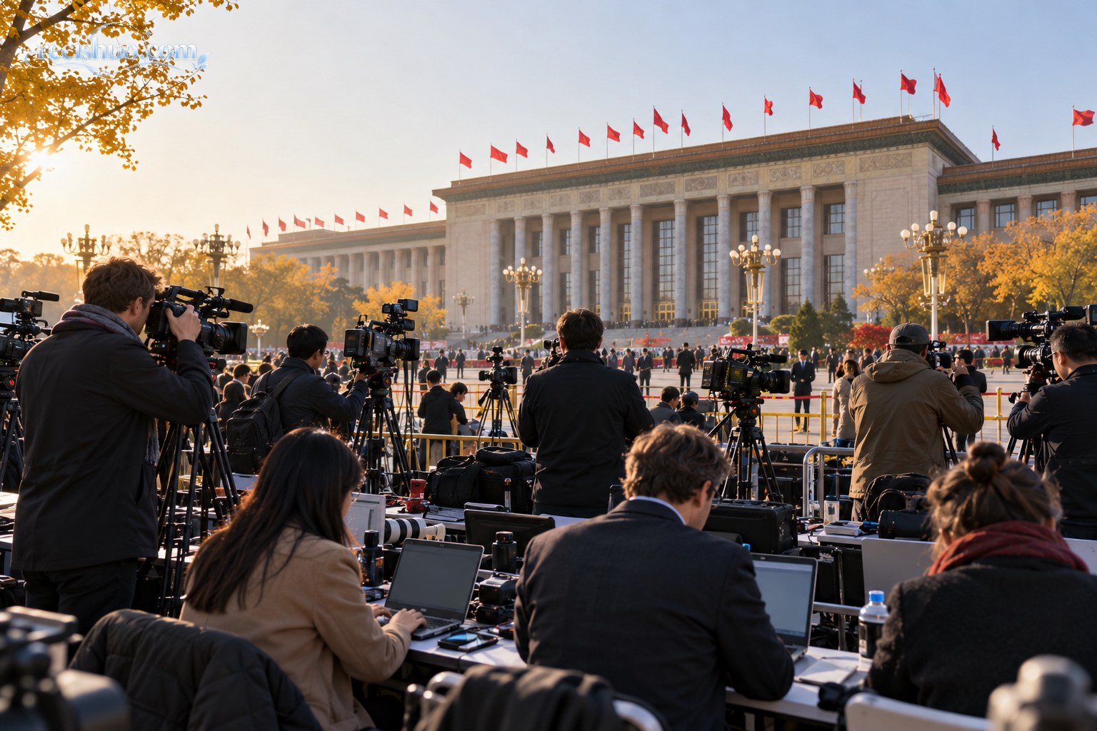 北京秋日重要会议场所外，多国记者在媒体区进行采访报道