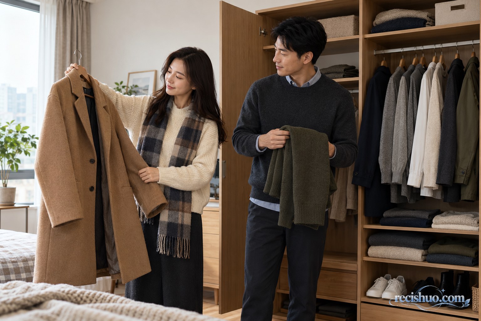 一男一女在居家衣柜前挑选驼色外套、针织衫和长裤等秋冬基础服装