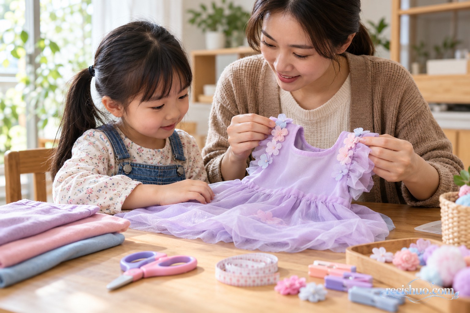 家长和孩子共同检查创意服装的装饰与接缝是否牢固