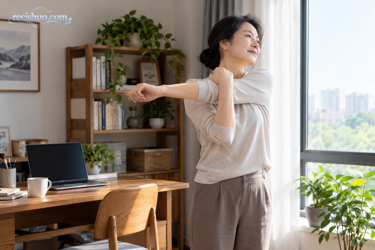 一名中年女性在家庭书房窗边进行肩颈和手臂放松