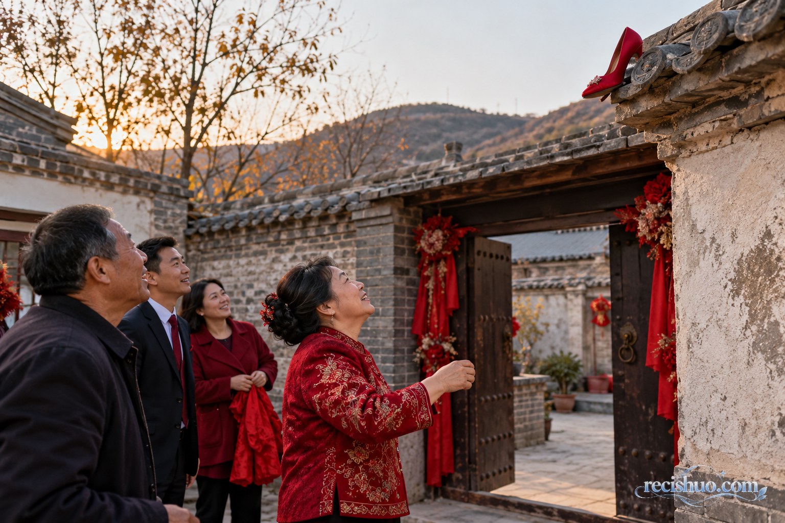 婚礼散场后家人在院门前抬头查看卡在房檐上的红色高跟鞋