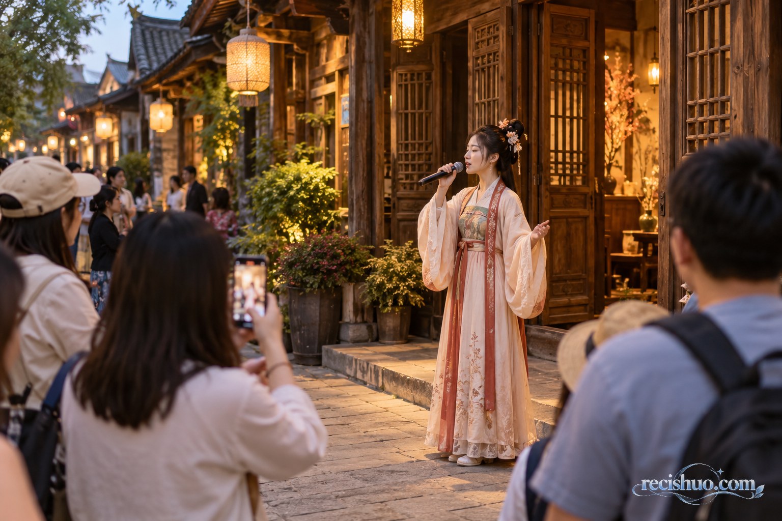 传统老街木建筑前,一名古风装束的驻场演员专注演唱,游客在外围拍摄观看