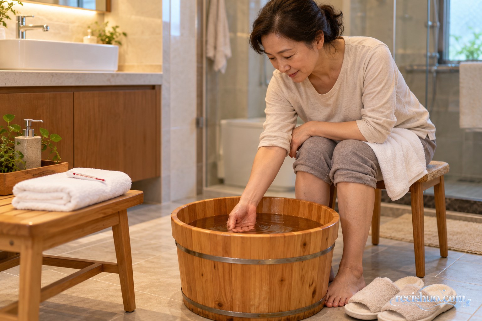 中年女性在居家浴室泡脚前用手试水温,旁边备有毛巾和温度计