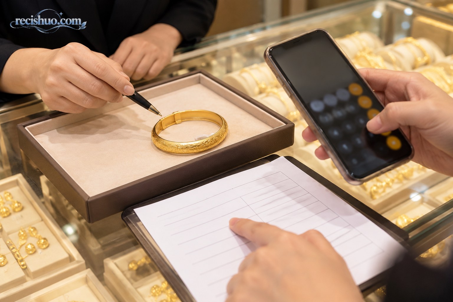 消费者在金店柜台用手机计算器核对黄金手镯费用