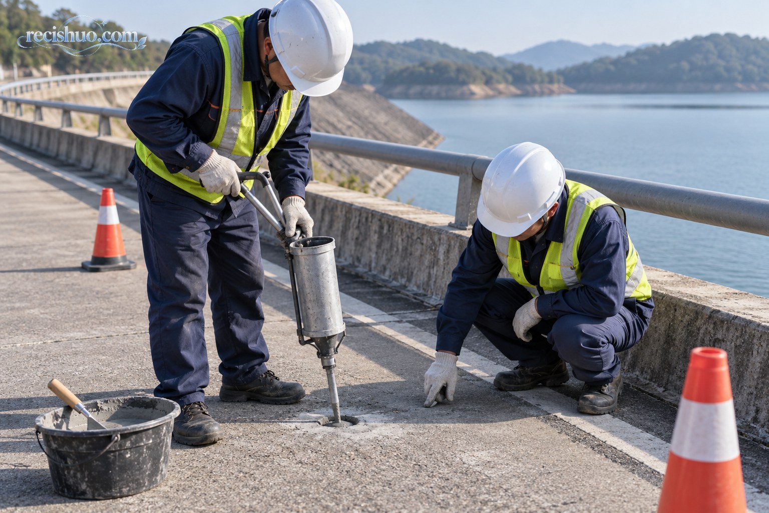 维护人员对水库坝顶公路钻孔部位进行灌浆处理
