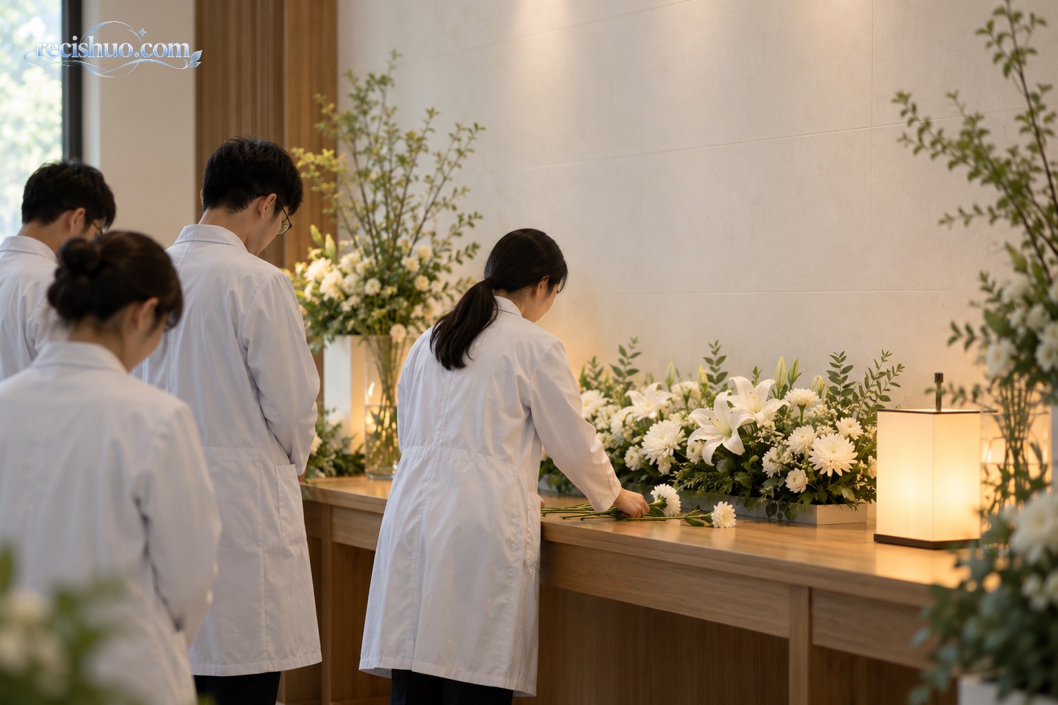 医学生在素净的纪念空间摆放白花并肃立致敬