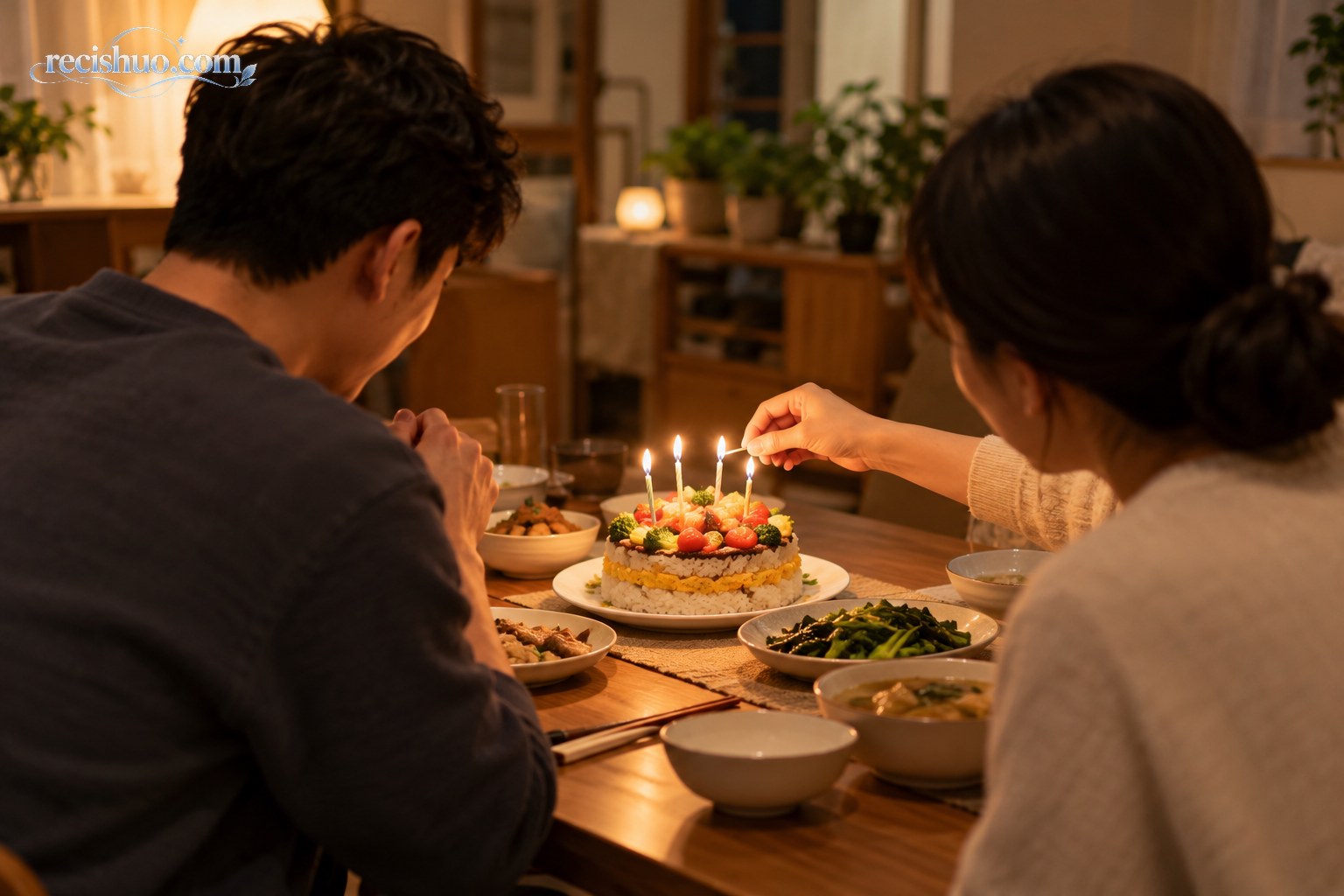 一对成年人围坐餐桌为米饭菜蛋糕点亮蜡烛的温馨生日场景