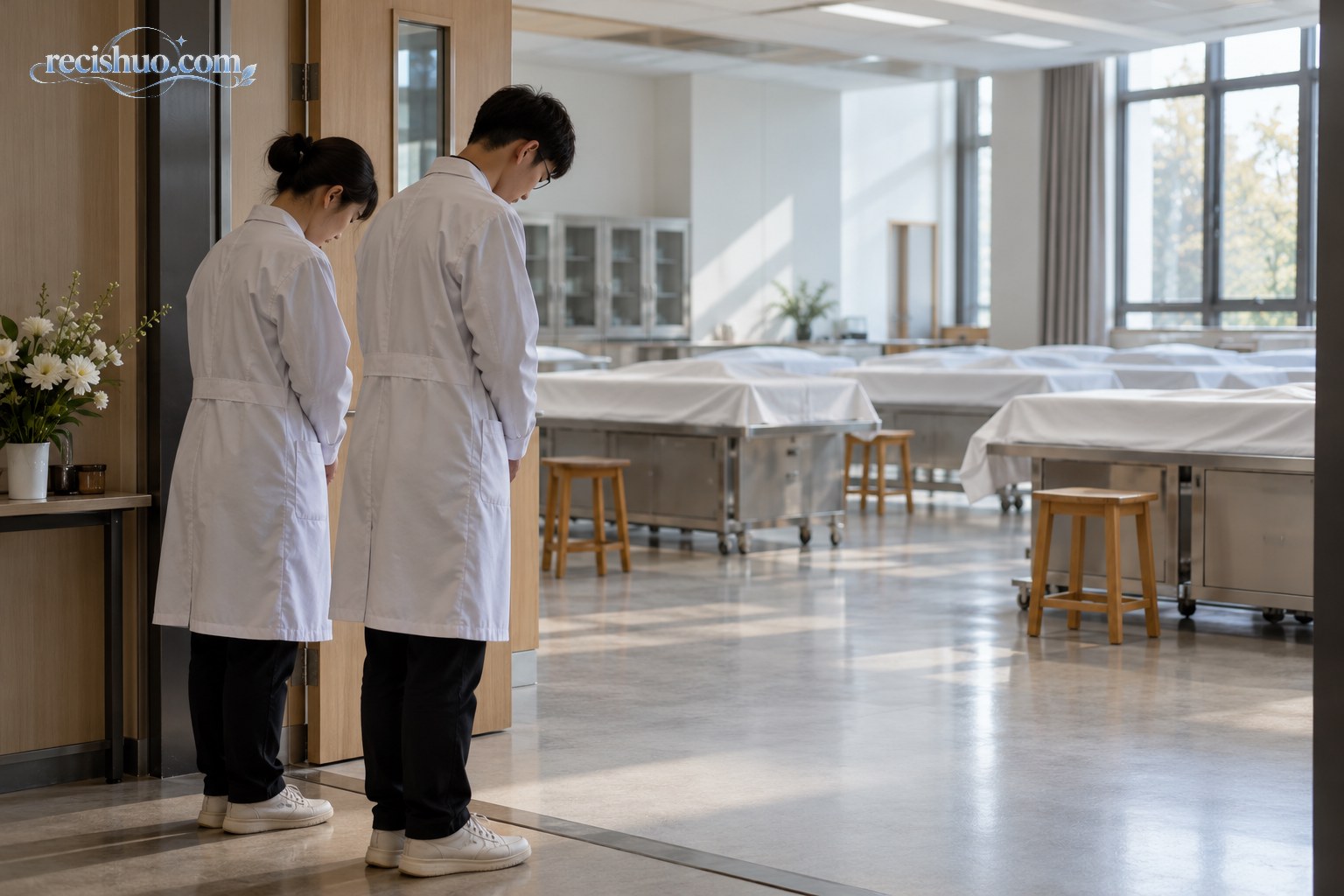 两名医学生在安静的医学教学空间门前肃立致意