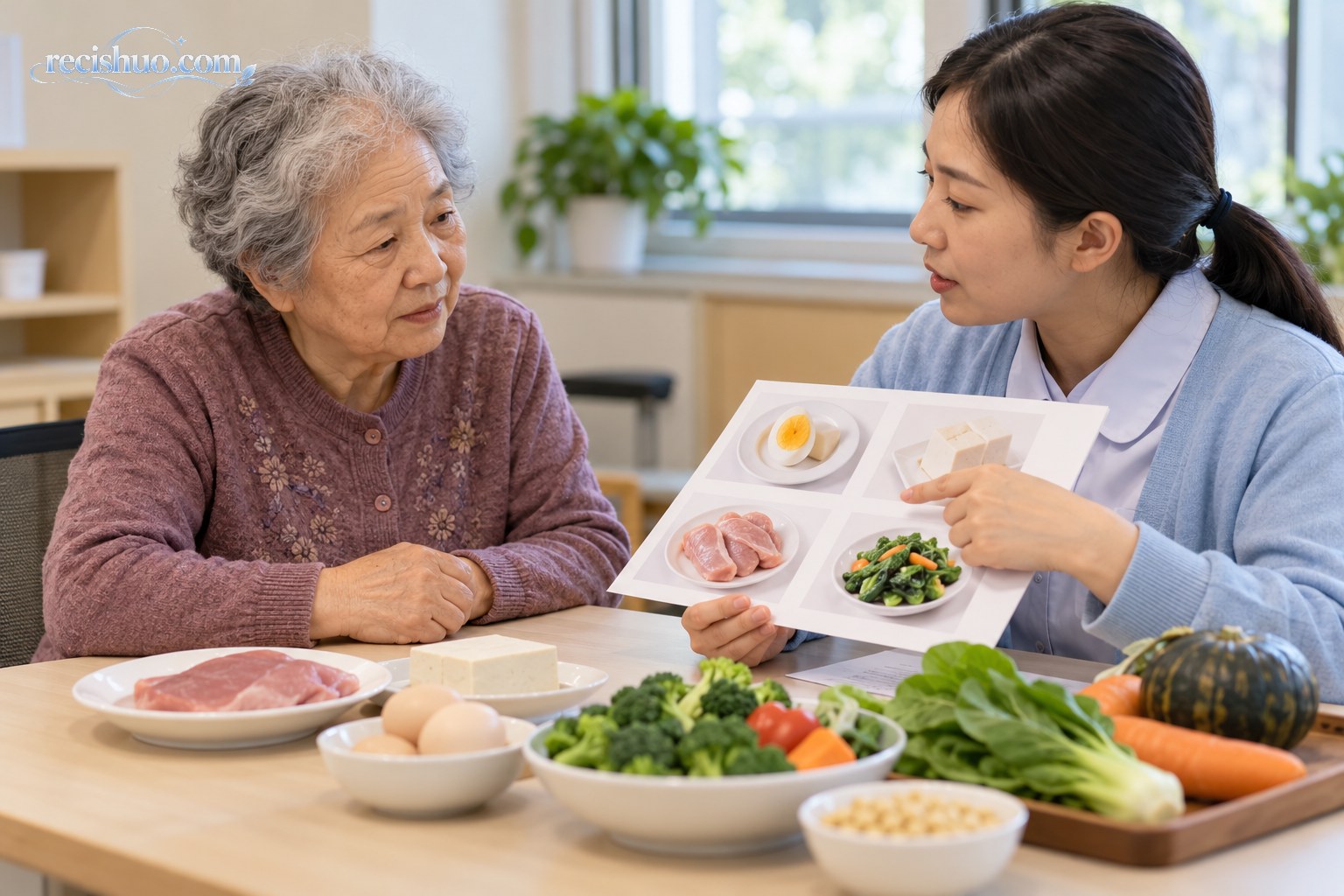老年人与营养专业人员结合多类食物讨论日常膳食安排