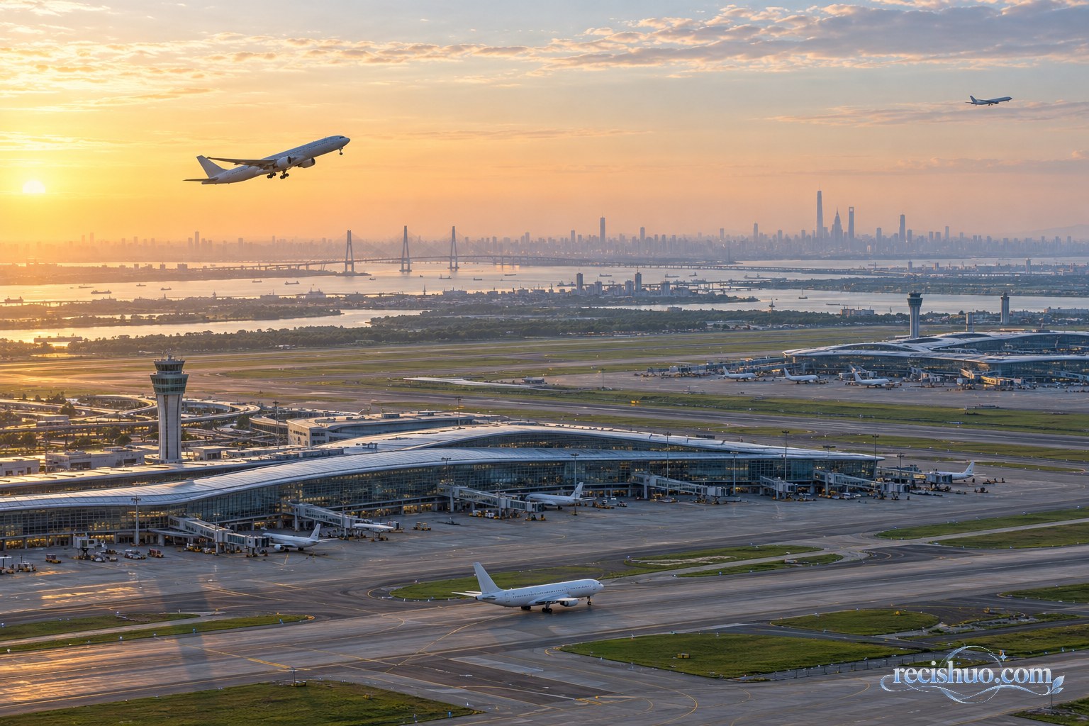 长三角城市水网与现代机场、民航客机共同构成的航空枢纽意象