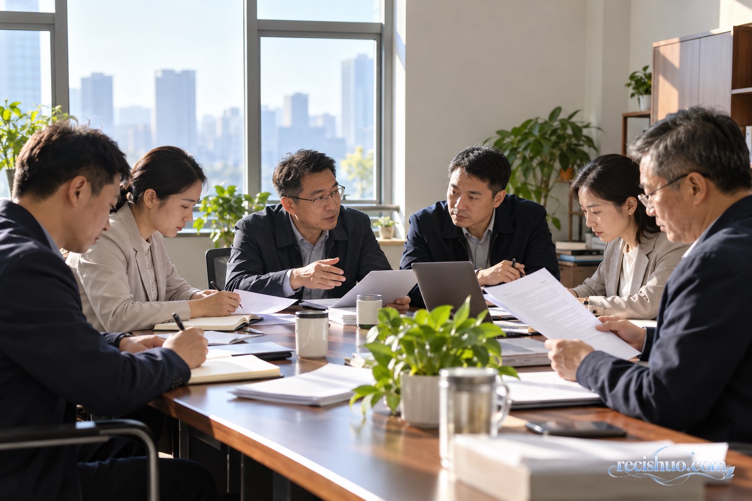 多位基层工作者在明亮会议室内围桌研讨并认真查阅材料