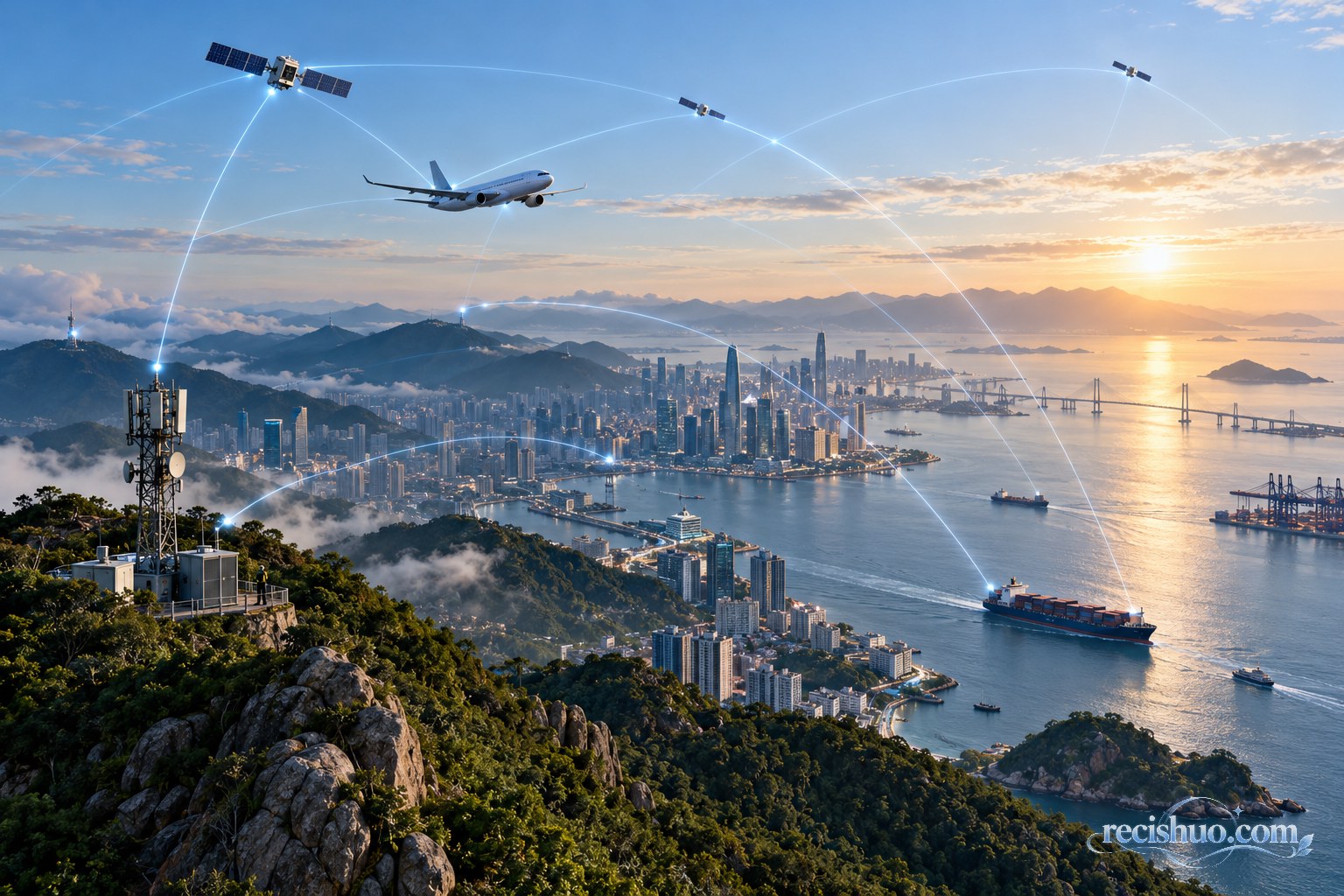 低轨卫星、飞机、船舶与沿海城市通信设施协同连接的未来网络场景