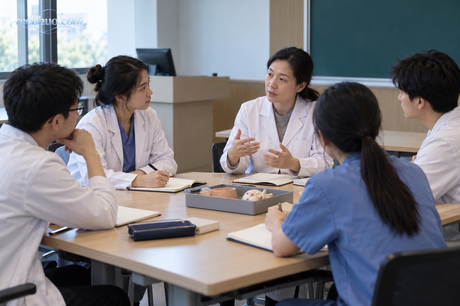 医学教师与学生围坐讨论医学伦理和行为边界