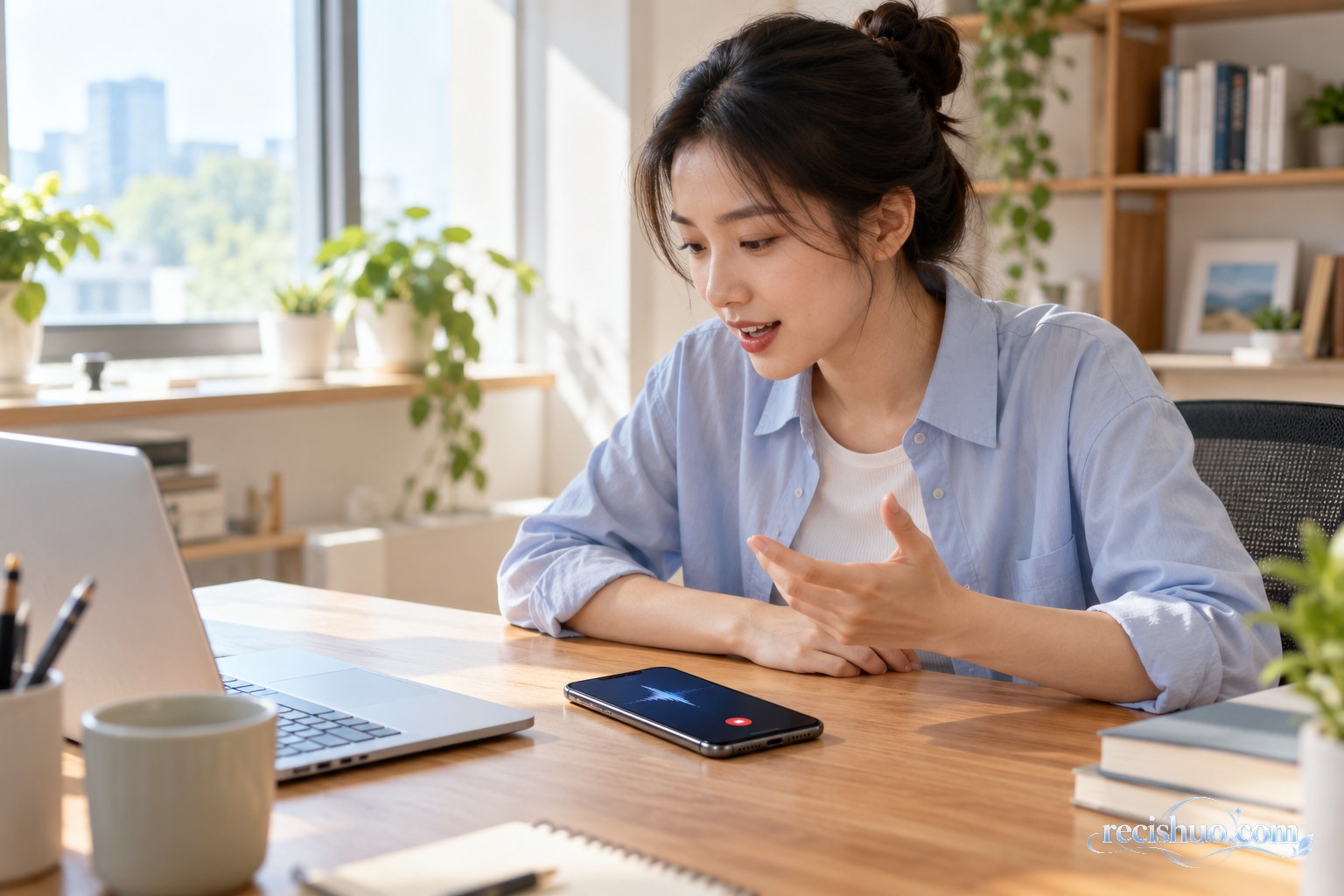 年轻职场人士在居家书桌前对着手机进行语音记录