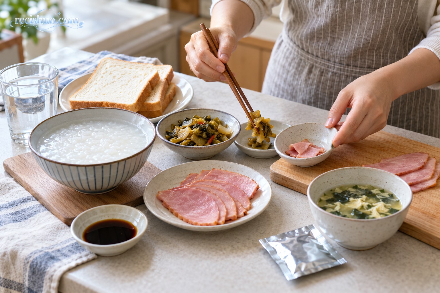家中早餐包含白粥、面包、咸菜、加工肉和汤品，正在分装小份配菜