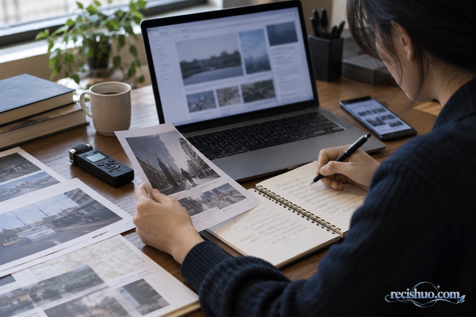 新闻编辑在桌前对照电脑、照片与笔记核验案件信息