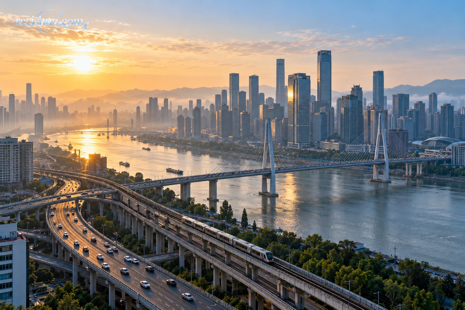 清晨阳光下跨江大桥、轨道交通与现代商务区共同构成的城市经济景观