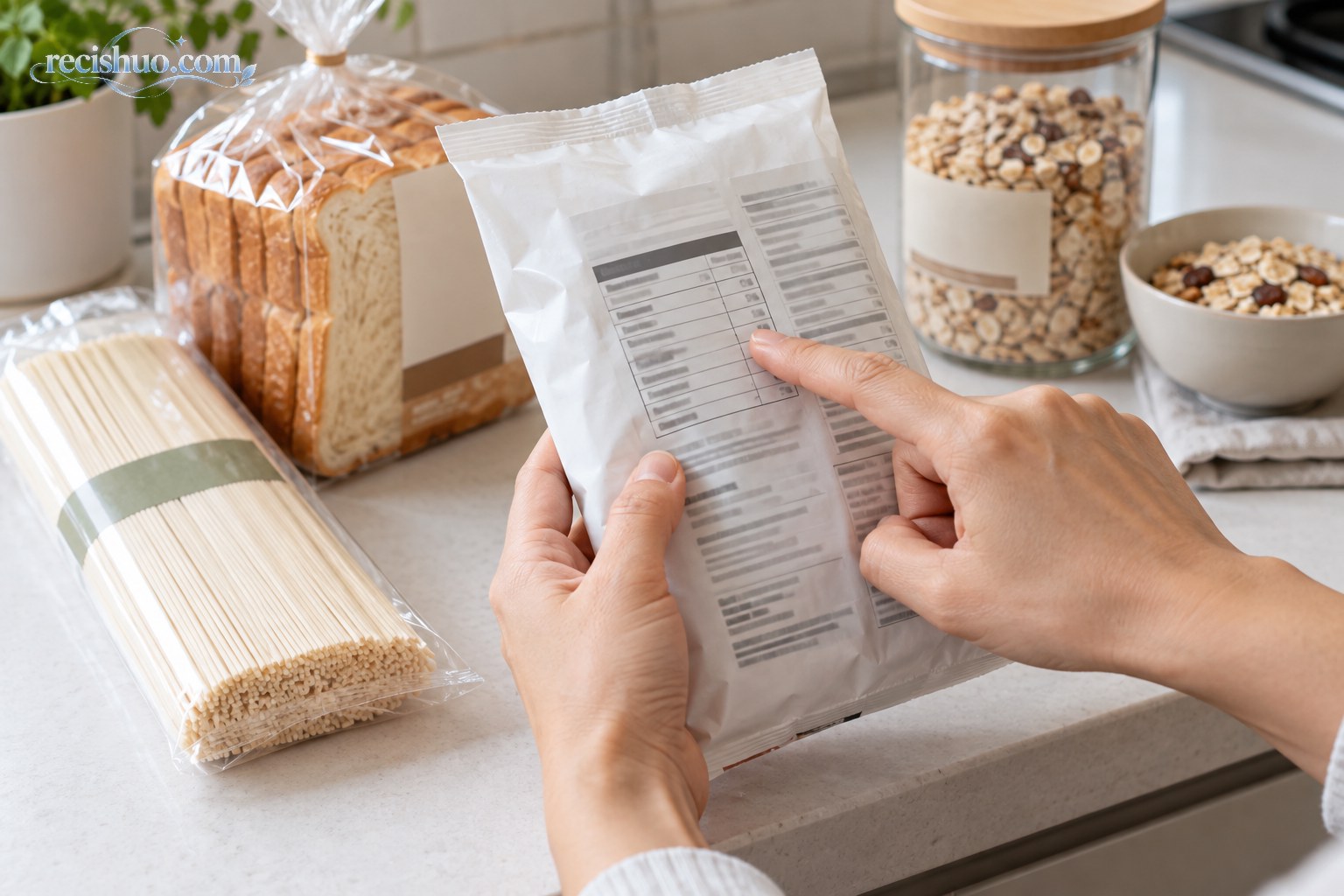 消费者查看食品包装营养成分表中的钠信息，旁边摆有挂面、面包和麦片