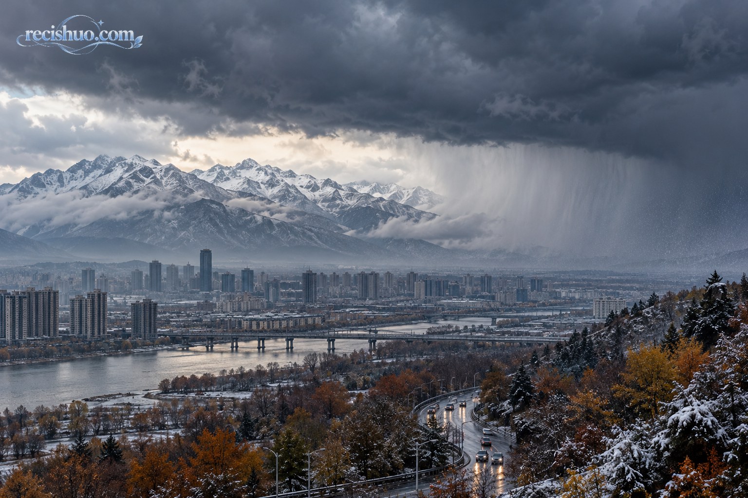 厚重冷云越过雪山向深秋城市推进，湿润道路与雨雪天气交织