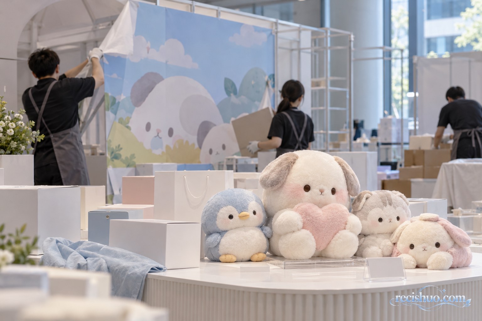 原创动物玩偶陈列前工作人员正在撤下联名展示物料