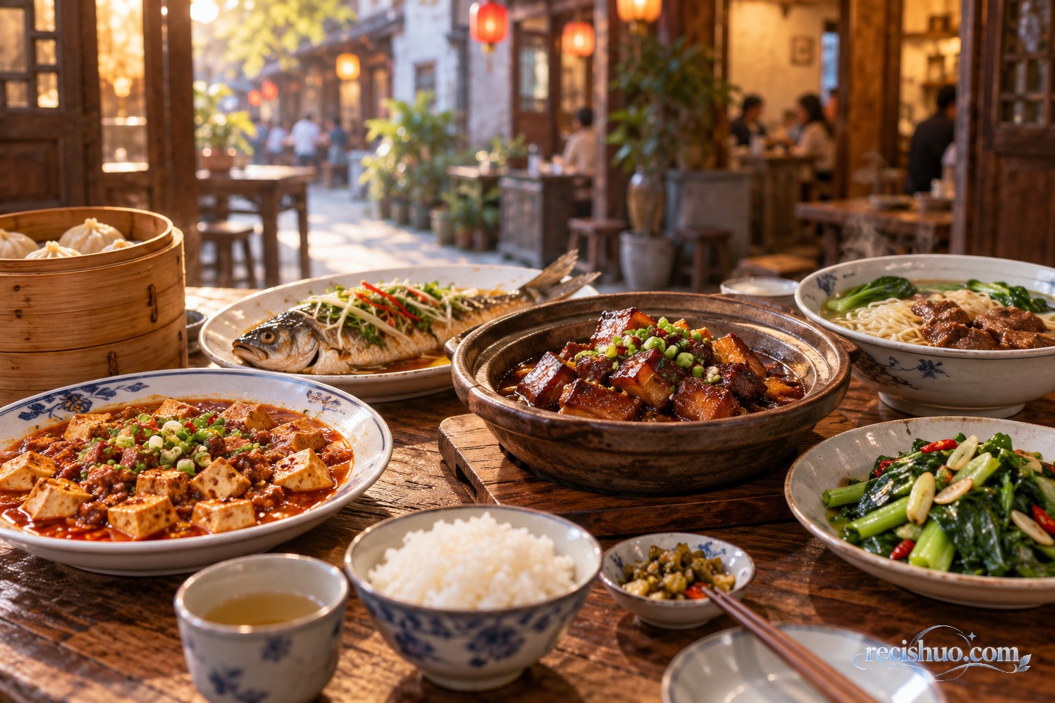 老街餐馆木桌上摆放鱼、红烧肉、豆腐、面食与时蔬等中式菜肴