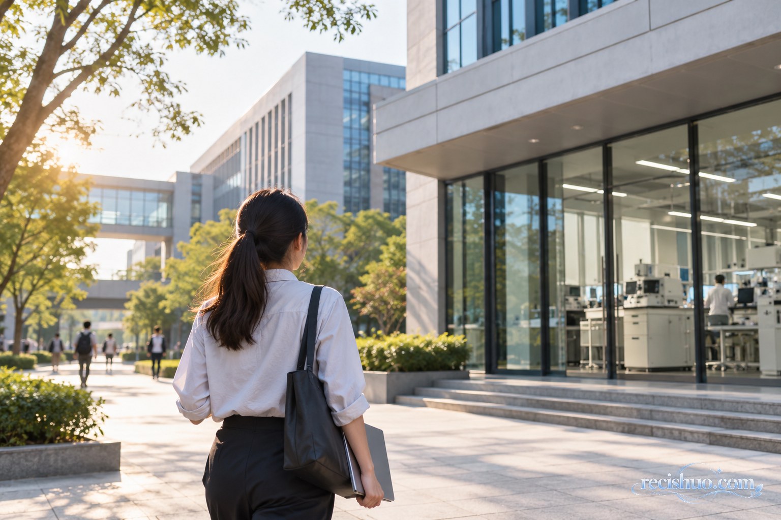 青年女性科研人员手持笔记本走向现代大学科研楼的背影