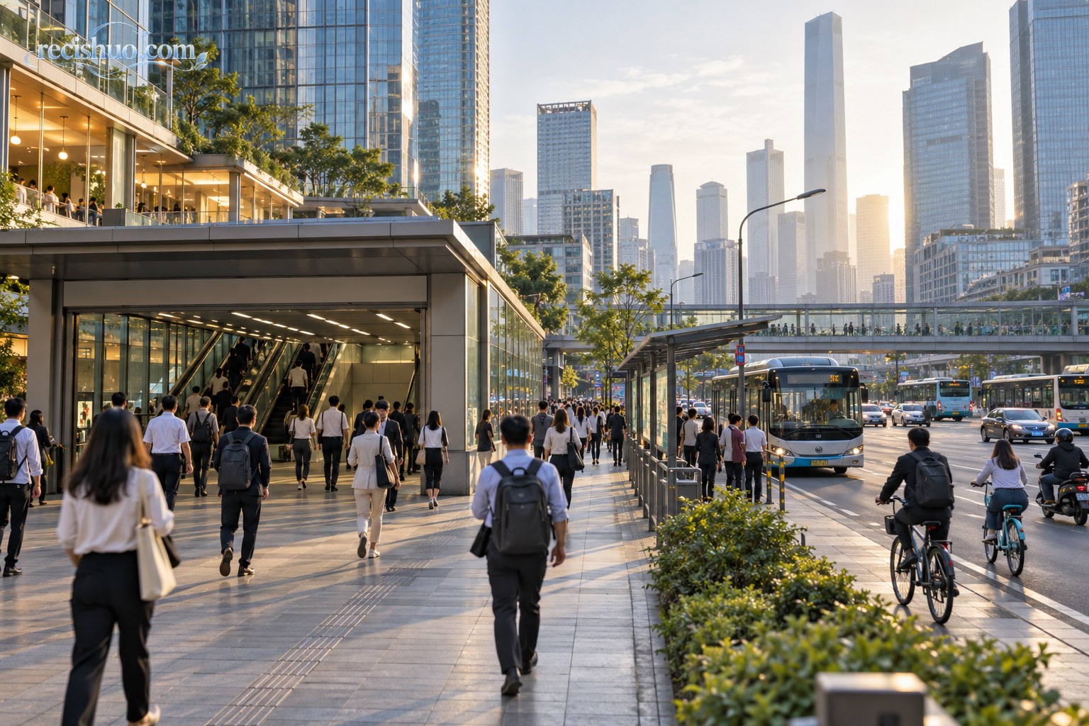 工作日早晨通勤人流经过城市交通枢纽与商务区的街景