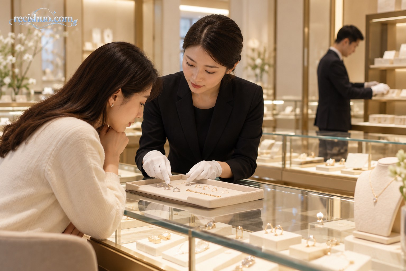 珠宝店员在柜台前为顾客介绍首饰，另一名员工在后方整理陈列