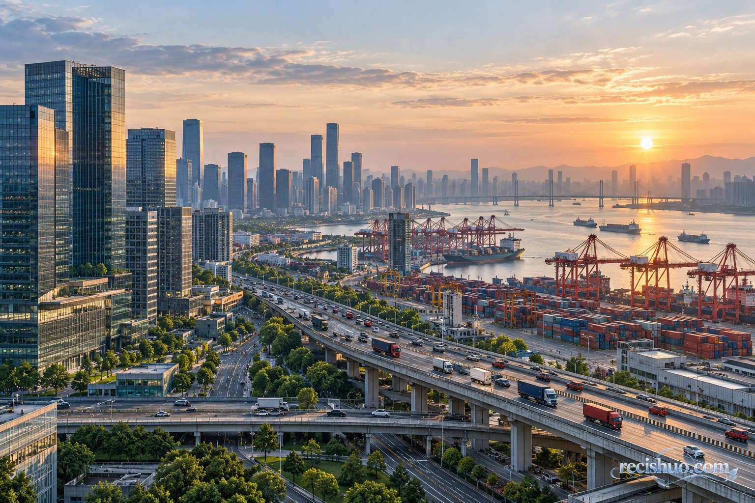 晨光下商务区、港口与城市交通共同运转的现代城市经济场景