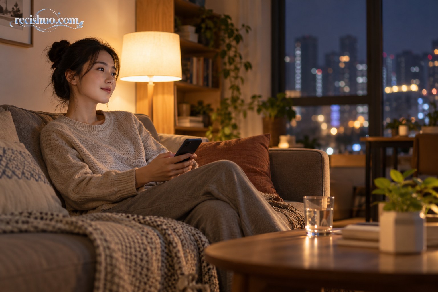 夜晚客厅里一名年轻用户放低手机准备结束观看