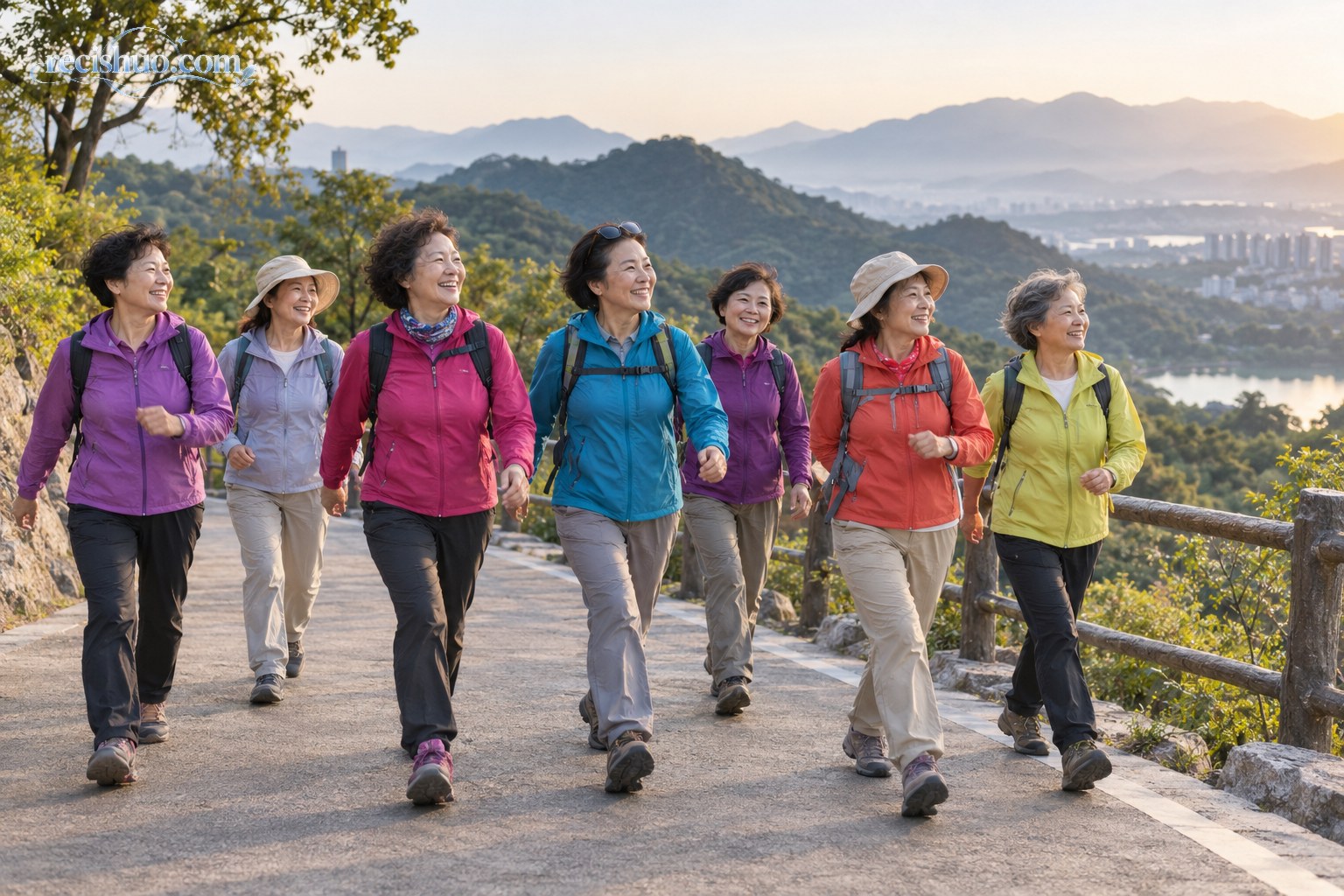 一群中老年女性在清晨的山地公园步道上结伴健步前行