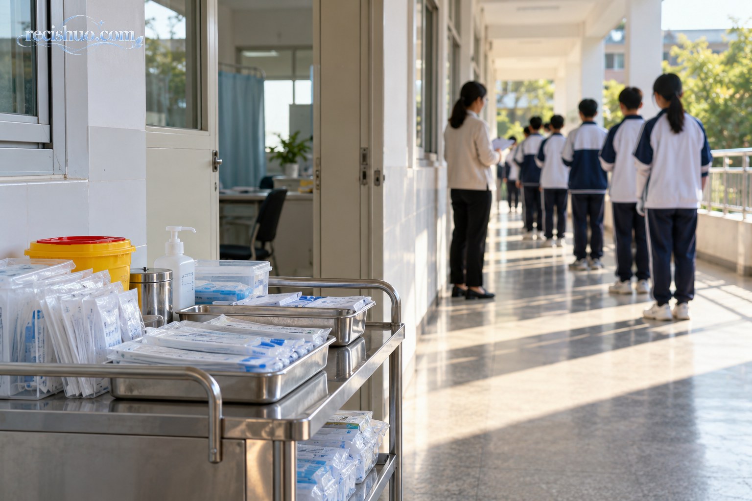 中学校医室外学生有序等候健康筛查,前景摆放整齐的密封医疗耗材