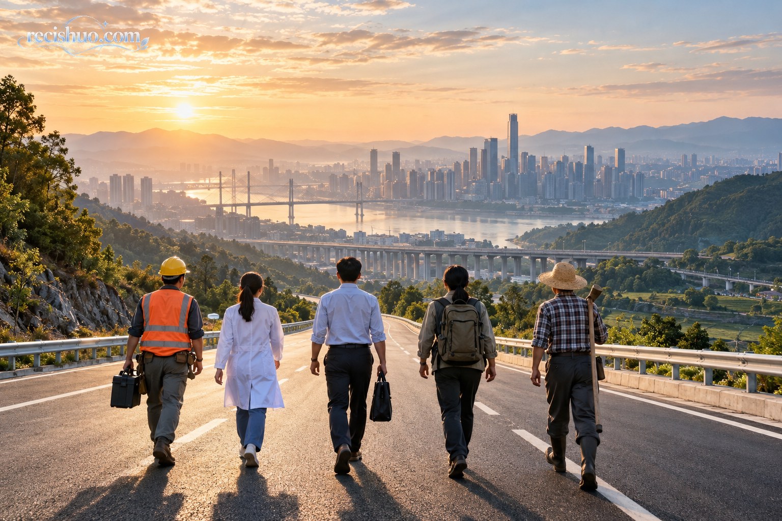 清晨阳光下,不同职业的建设者沿道路走向山水环抱的现代城市