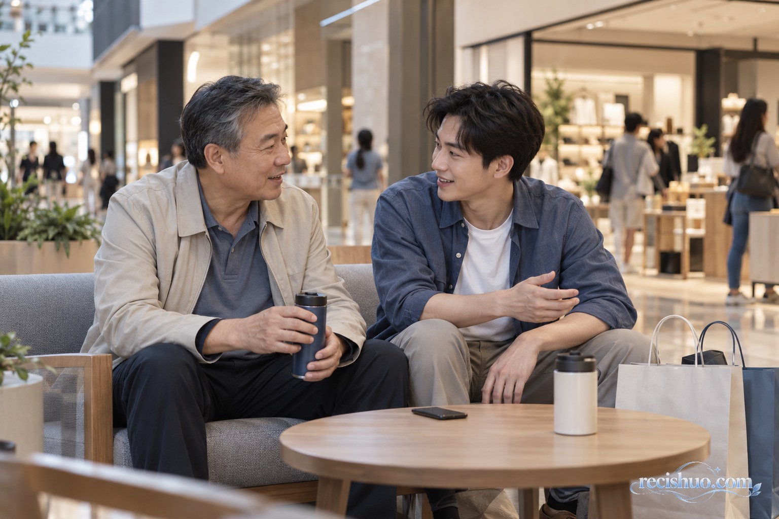 中老年男性与年轻男性在商场休息区平等交流消费选择