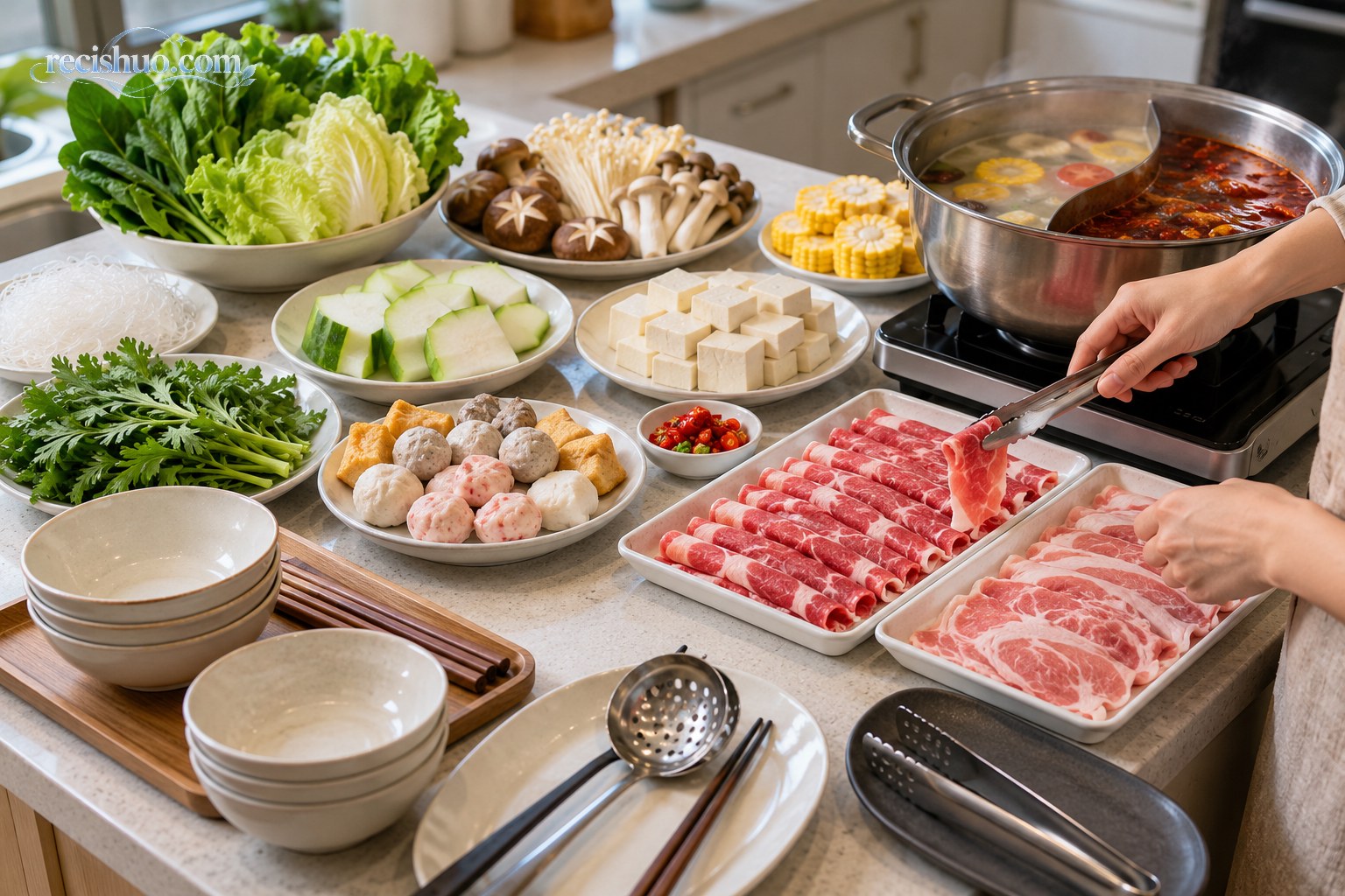 家庭厨房中分类摆放的火锅蔬菜豆腐肉片与独立生肉夹