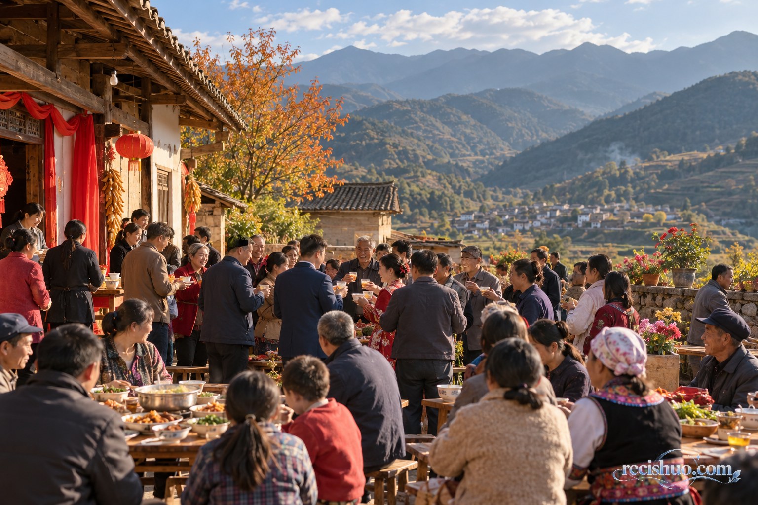 云南山村院落里众多宾客共同庆祝一场温暖婚礼的场景