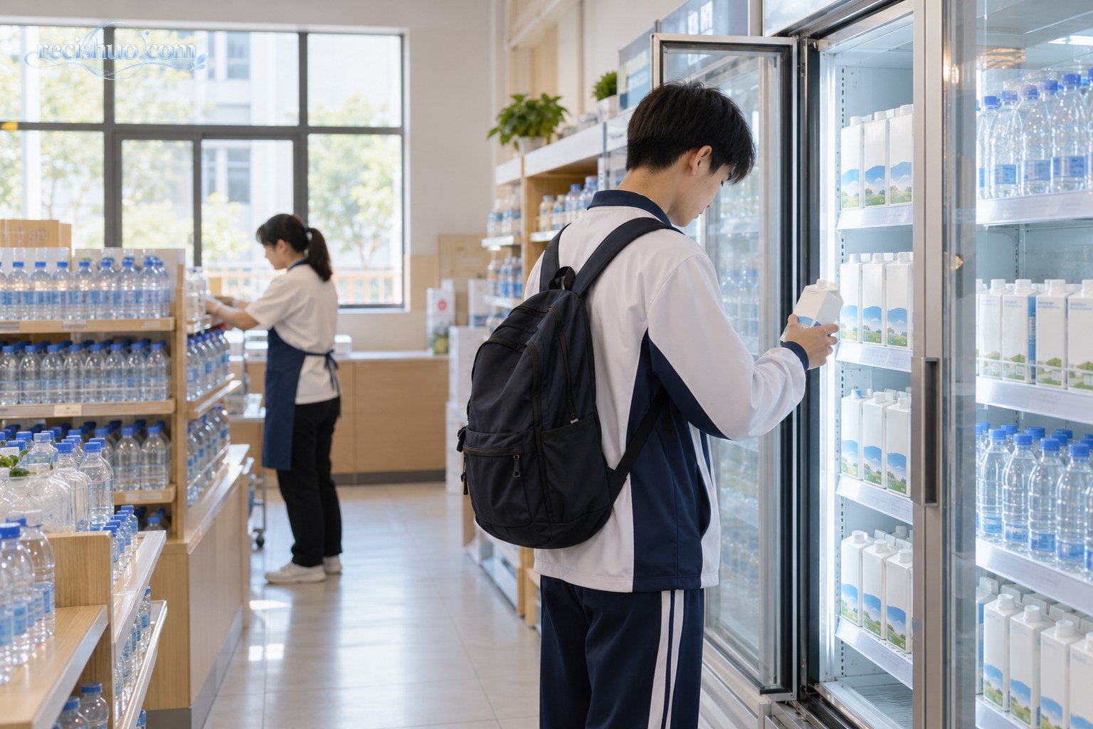 明亮整洁的中学校园小卖部内,学生在只陈列饮用水和盒装牛奶的冷藏柜前选购饮品