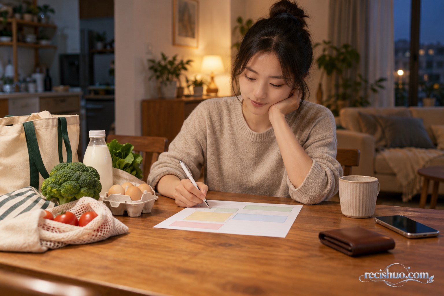 年轻女性在家中整理购物清单并用色块规划日常预算
