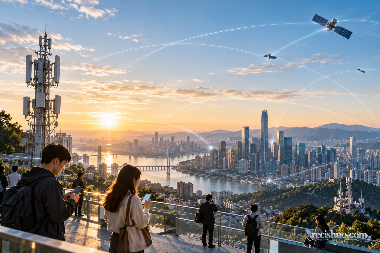 清晨城市、通信基站与卫星连接意象共同呈现下一代通信网络愿景