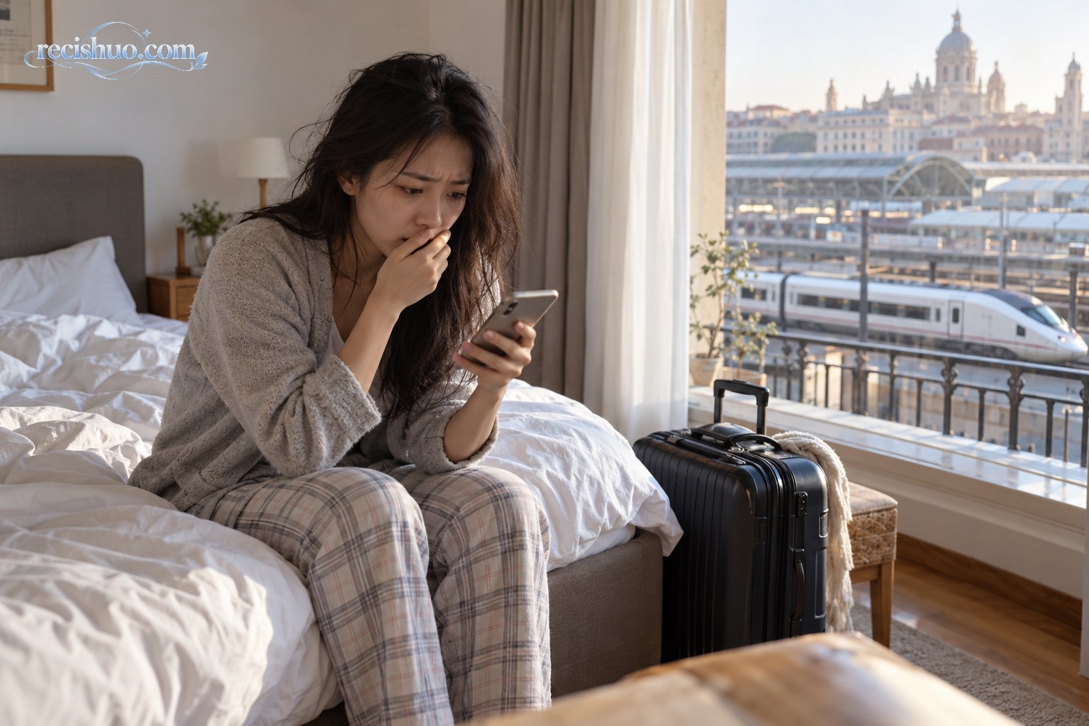 清晨,一名华人女子坐在床边查看手机,身旁放着旅行箱,窗外可见铁路车站和高速列车