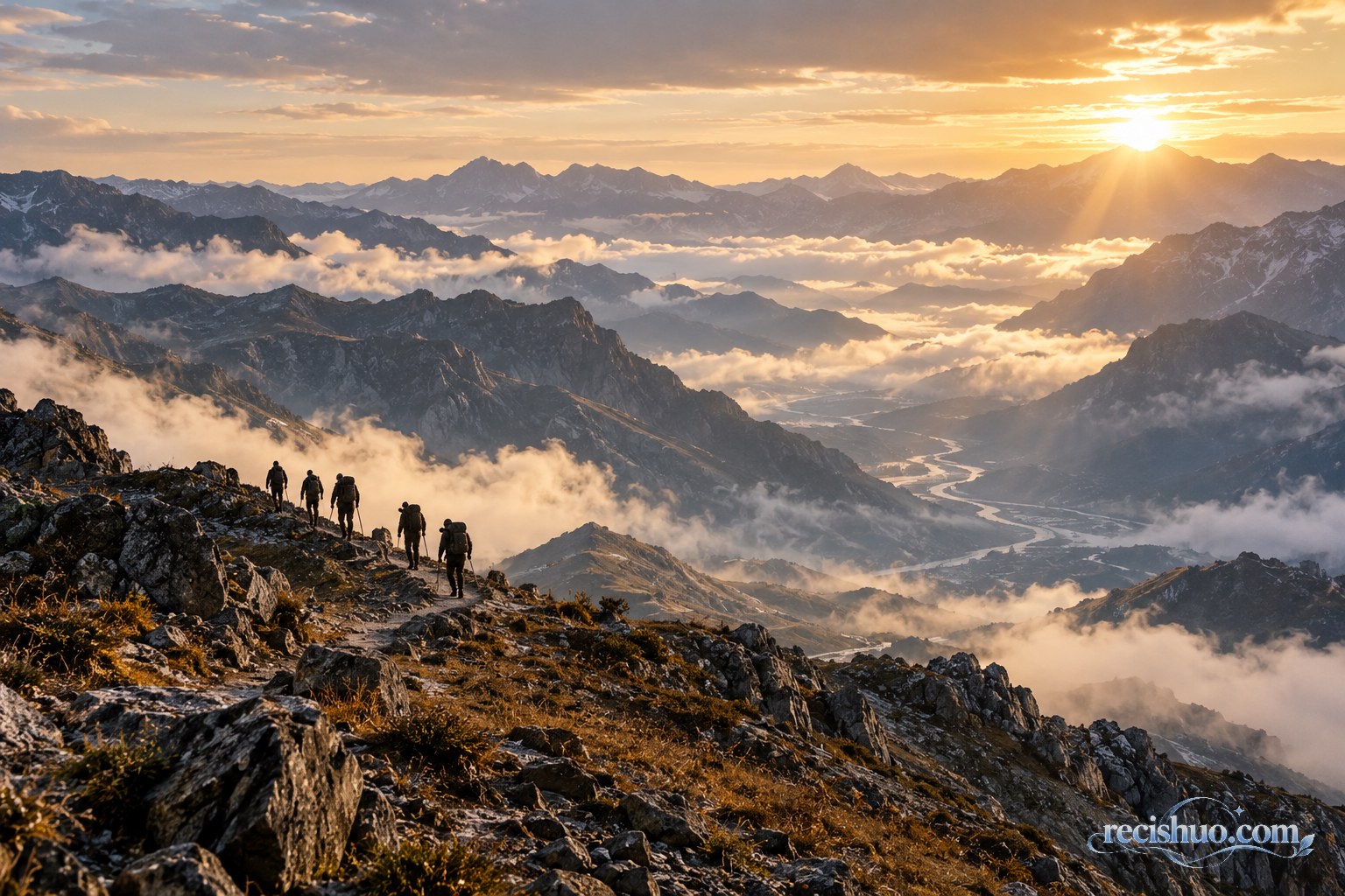 晨光穿过云层,几名行进者沿壮阔群山中的山脊道路前行